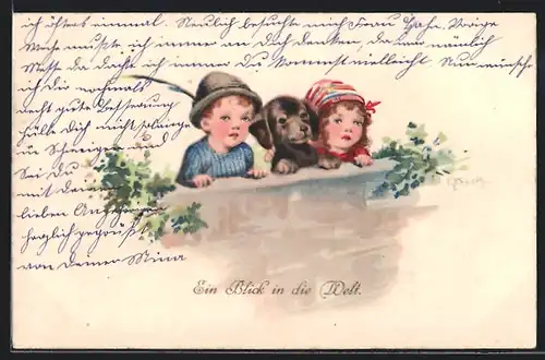 Künstler-AK Elly Frank: Kinderpaar mit Dackel an einer Mauer