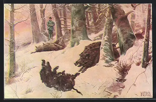 Künstler-AK Ludwig Fromme: Jäger schiesst Wildschweine im verschneiten Wald