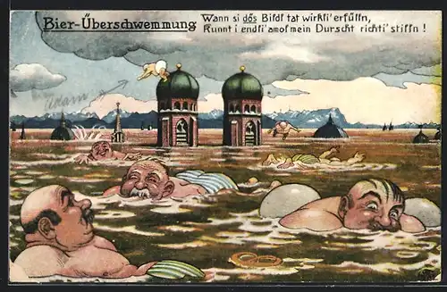 AK Bierüberschwemmung, Männer baden im Bier, Trinkerhumor