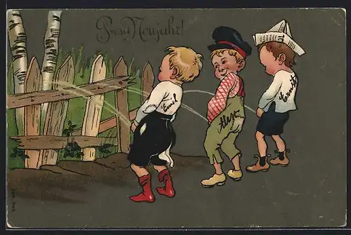 AK Drei Knirpse verrichten ihr Geschäft am Gartenzaun, Toilettenhumor