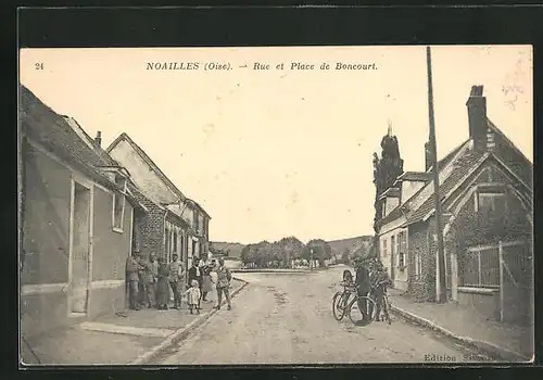 AK Noailles, Rue et Place de Boncourt, Fahrrad, Soldaten in Uniform