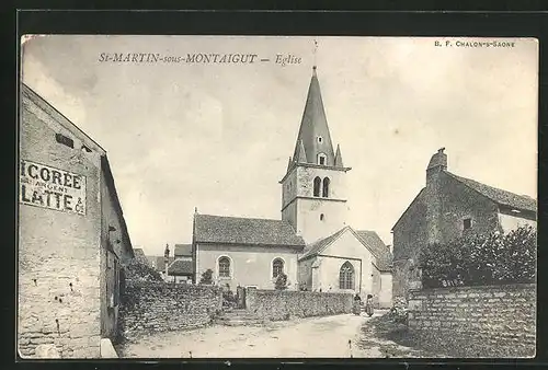AK St-Martin-sous-Montaigut, Eglise, Strassenpartie bei der Kirche