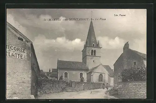 AK St-Martin-sous-Montaigut, La Place, Strassenpartie bei der Kirche