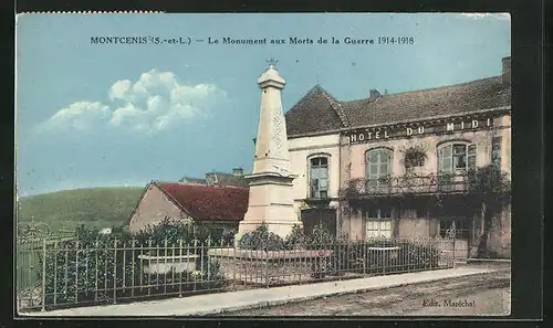 AK Montcenis, Le Monument aux Morts de la Guerre, Hotel du Midi