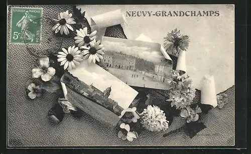Passepartout-AK Neuvy-Grandschamps, Panorama & Ortsansicht, Blüten