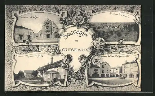 AK Cuiseaux, l'Eglise, Hopital, Vue Générale, la Place et la Gendarmerie