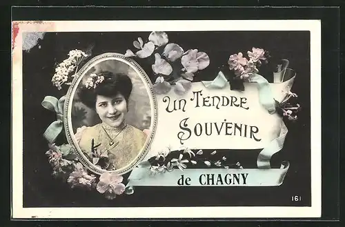 AK Chagny, Un Tendre Souvenier, Frauenportrait und Blumen