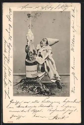 AK Kleiner Harlekin mit Sektflasche Rheinberg Herb, Reklame