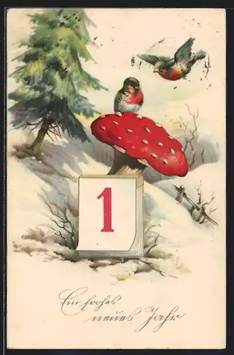 AK Vogel auf einem Fliegenpilz, Kalenderblatt 1