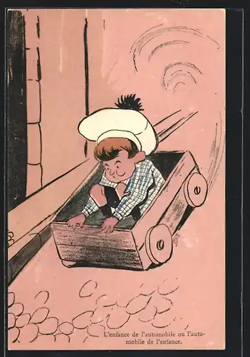 AK Kleiner Junge fährt in einer Seifenkiste