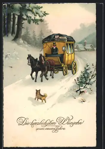 AK Gelbe Pferdekutsche fährt durch den Schnee