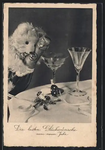 AK Teddy am Tisch giesst Sekt ein, Neujahrsgruss