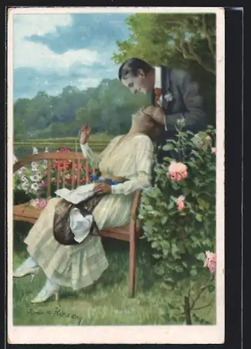 Künstler-AK Arno von Riesen: Herr hält Dame auf Bank die Augen zu