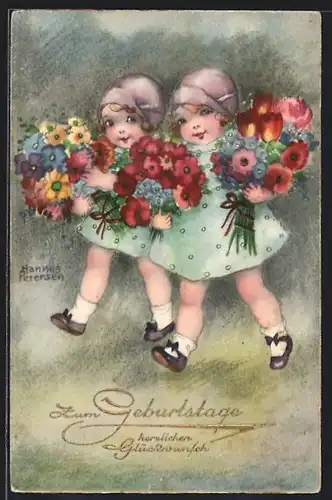 Künstler-AK Hannes Petersen: zwei kleine Mädchen mit bunten Blumensträussen