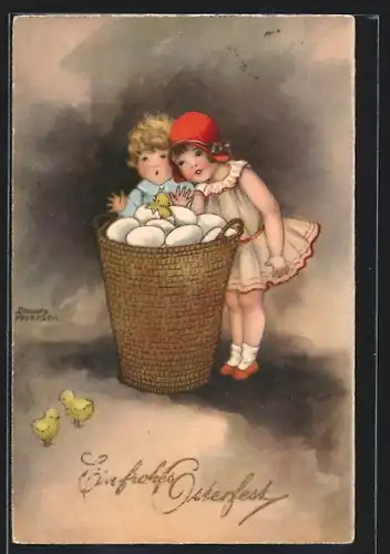 Künstler-AK Hannes Petersen: Kinderpaar am Eierkorb mit Osterküken, Ostergruss
