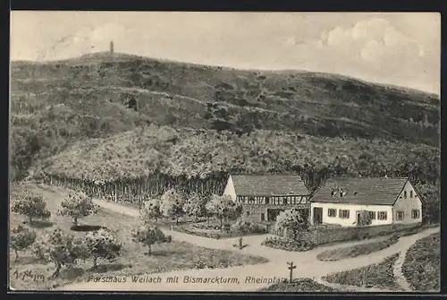 Künstler-AK Weilach /Rheinpfalz, Forsthaus Weilach mit Bismarckturm