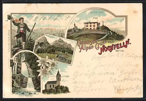 Lithographie Hochfelln /Chiemsee, Hochfelln-Haus, Unterer Wasserfall, Panorama mit Rothorn, Ochsenhorn und Gr. Venediger