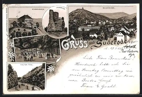 Lithographie Suderode a. Harz, Gasthaus Felsenkeller, Stubenberg, Lauenburg