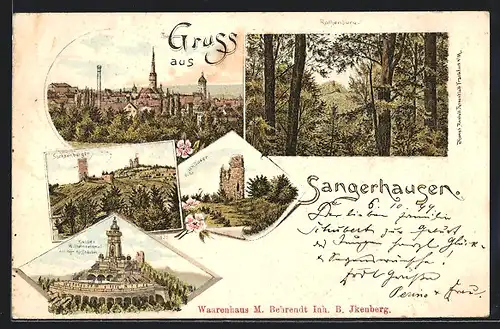 Lithographie Sangerhausen, Rothenburg, Kaiser Wilhelm Denkmal, Gesamtansicht