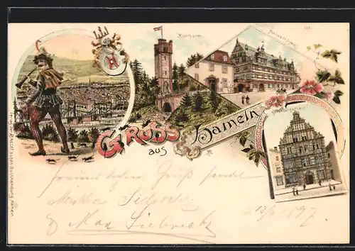 Lithographie Hameln, Blick zum Klütturm, Hochzeitshaus, Rattenfänger