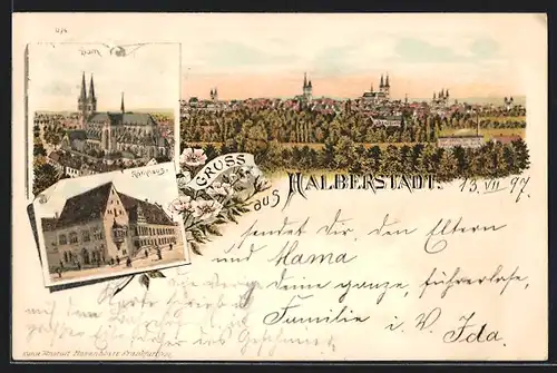 Lithographie Halberstadt, Rathaus, Dom, Panorama-Ansicht