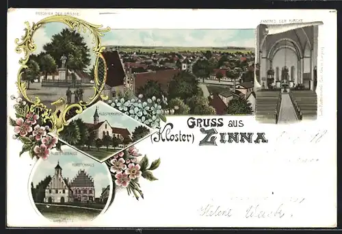 Lithographie Zinna, Kloster und Fürstenhaus, Denkmal Friedrich der Grosse