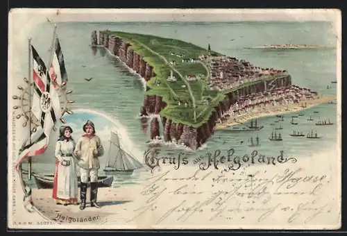 Lithographie Helgoland, Blick zur Insel, Helgoländer in Tracht, beleuchtete Fenster