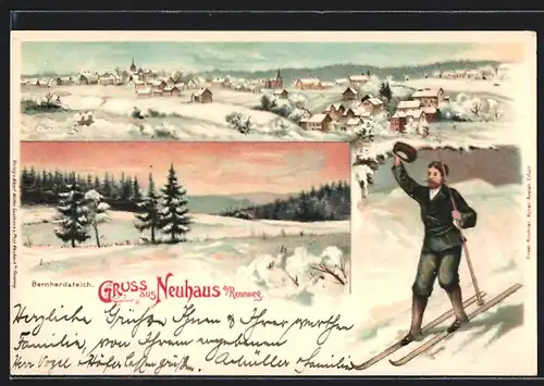 Winter-Lithographie Neuhaus a. Rennweg, Panoramablick auf den Ort, Grüssender Skifahrer