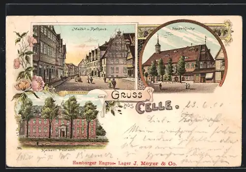 Lithographie Celle, Kaiserliches Postamt, Markt und Rathaus, Stadtkirche