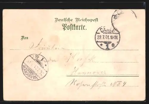 Lithographie Celle, Kaiserliches Postamt, Markt und Rathaus, Stadtkirche