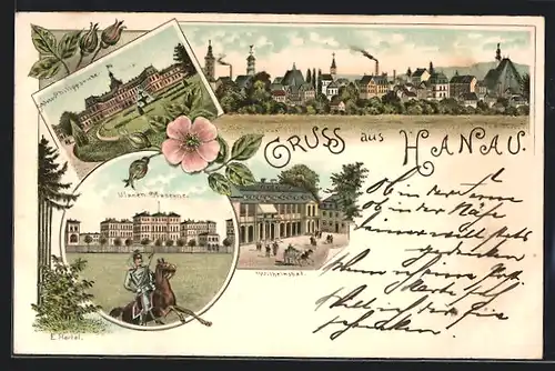 Lithographie Hanau, Totalansicht, Schloss Philippsruhe, Vlanen Kaserne, Wilhelmsbad