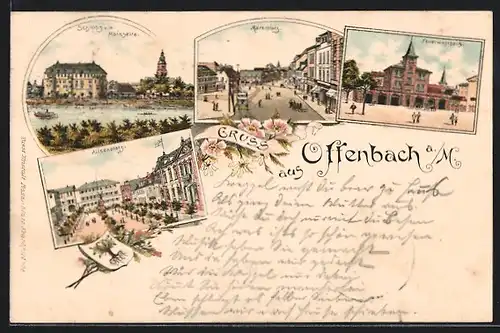 Lithographie Offenbach / Main, Alicenplatz aus der Vogelschau, Kunstgewerbeschule, Schloss v. d. Mainseite