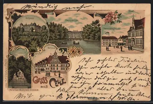 Lithographie Celle, Ratsmühle, Schloss, Oberlandesgericht und Post