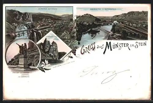 Lithographie Münster am Stein, Ebernburg und Rothenfels, Rheingrafen-Stein, Hutten-Sickingen-Denkmal