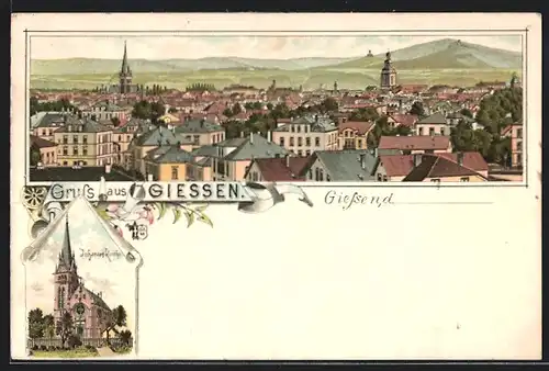 Lithographie Giessen, Teilansicht, Johannes-Kirche