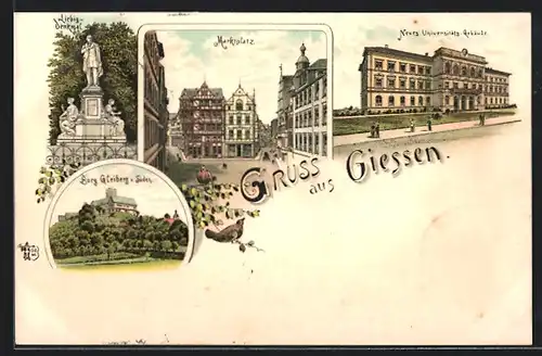 Lithographie Giessen, Neues Universitäts-Gebäude, Marktplatz, Burg Gleiberg