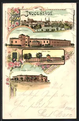 Lithographie Ingolstadt, Totalansicht, Cavalier Elbracht, Cavalier Hepp, und Cavalier Spreti