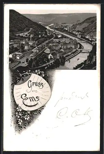 Lithographie Ems, Panoramablick auf die Stadt