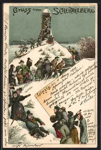 Lithographie Leipzig, Scherbelberg, Ausflügler im Winter