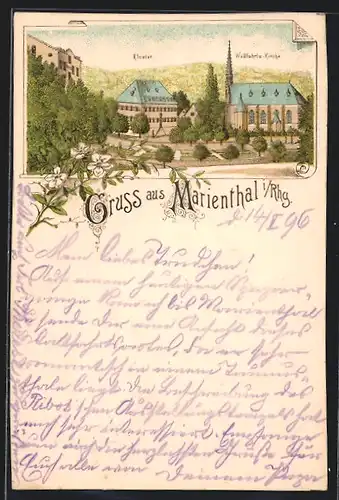 Lithographie Marienthal i. Rhg., Kloster und Wallfahrts-Kirche