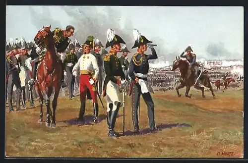 Künstler-AK O. Merte: Die Drei Fürsten auf dem Monarchenhügel am Nachmittage des 16. Oktober 1813