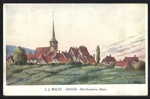 Künstler-AK Hansi: Mittelbergheim, Blick zur Kirche, Elsass