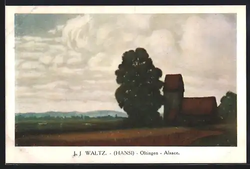 Künstler-AK Hansi: Oltingen, Blick nach Kirche