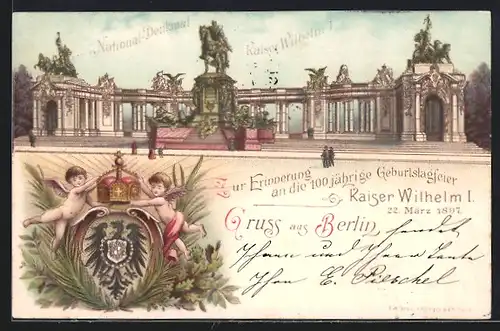 Lithographie Berlin, National Denkmal Kaiser Wilhelm I.