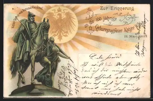 Lithographie Berlin, 100 jährige Geburtstagsfeier Kaiser wilhelm I. 1897, Kaiser-Statue vom National-Denkmal