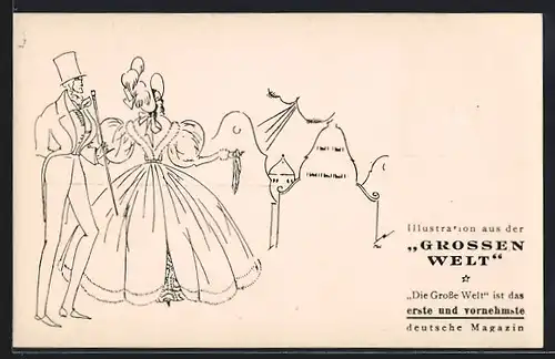 Künstler-AK Illustration aus der Grossen Welt, Die Grosse Welt ist das erste u. vornehmste deutsche Magazin, Zeitung