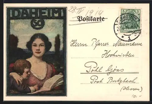 Künstler-AK Zeitung Daheim, Frau liest mit ihrem Sohn in der Zeitung Daheim