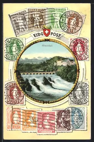 AK Rheinfall, Panorama mit Wasserfall, Briefmarken