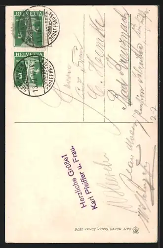 AK Rheinfall, Panorama mit Wasserfall, Briefmarken