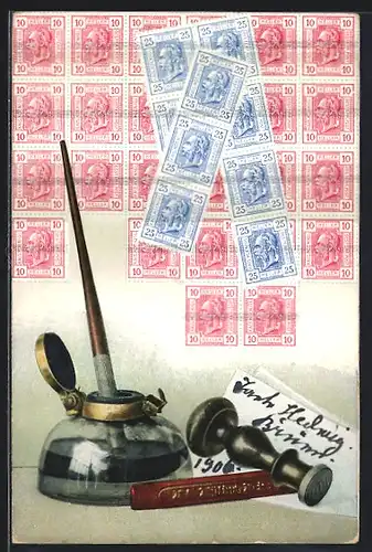 AK Tintenfass mit Federhalter, Stempel und Briefmarken